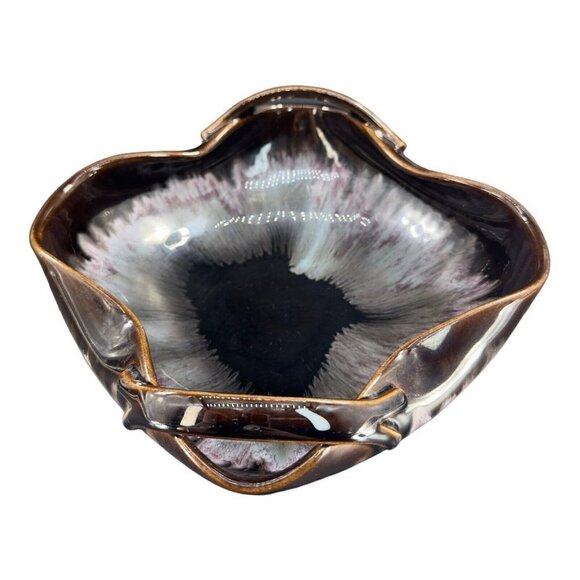 1960s Ceramic Porcelain Dish Bowl W Handles Dark Brown White Drip Glaze Vintage - Picture 3 of 16